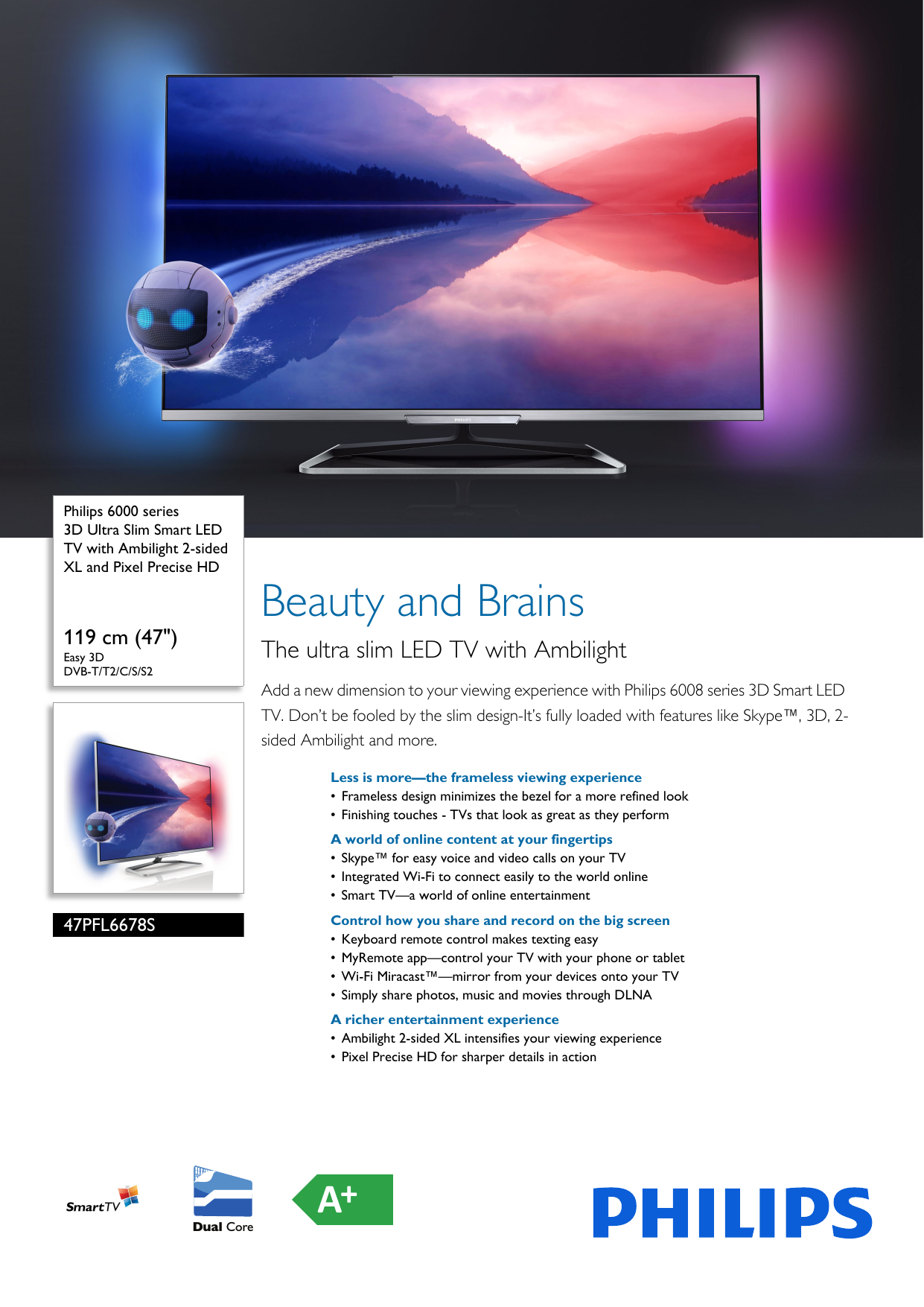 Page 1 of 3 - Philips 47PFL6678S/12 3D Ultra Slim Smart LED TV With Ambilight 2-sided XL And Pixel Precise HD Leaflet 47pfl6678s 12 Pss