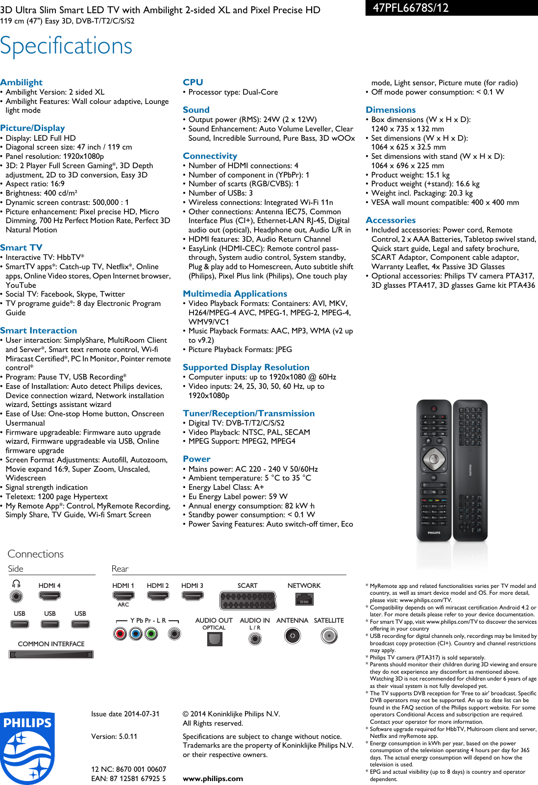 Page 3 of 3 - Philips 47PFL6678S/12 3D Ultra Slim Smart LED TV With Ambilight 2-sided XL And Pixel Precise HD Leaflet 47pfl6678s 12 Pss