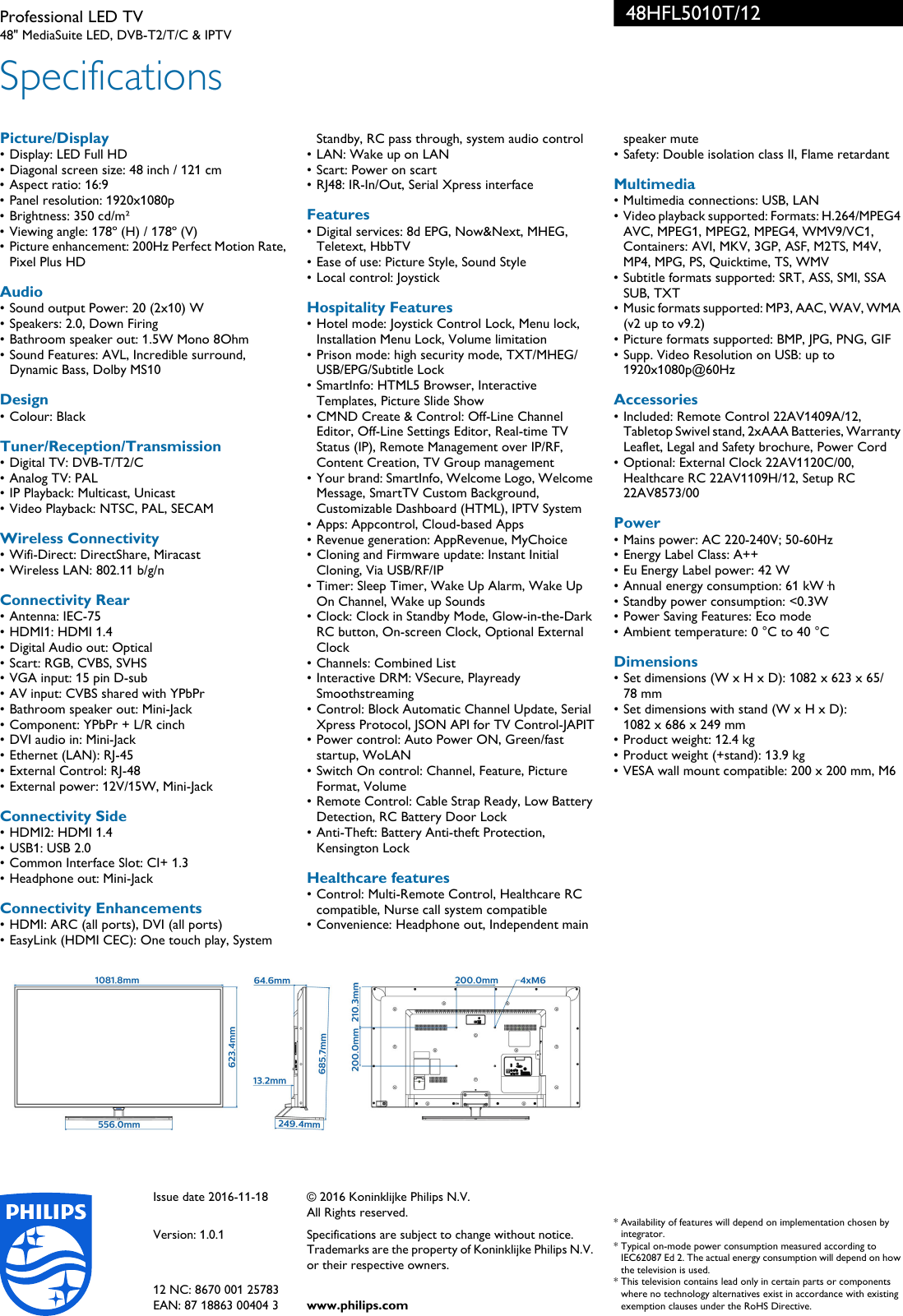 Page 3 of 3 - Philips 48HFL5010T/12 Professional LED TV User Manual Leaflet 48hfl5010t 12 Pss Engph