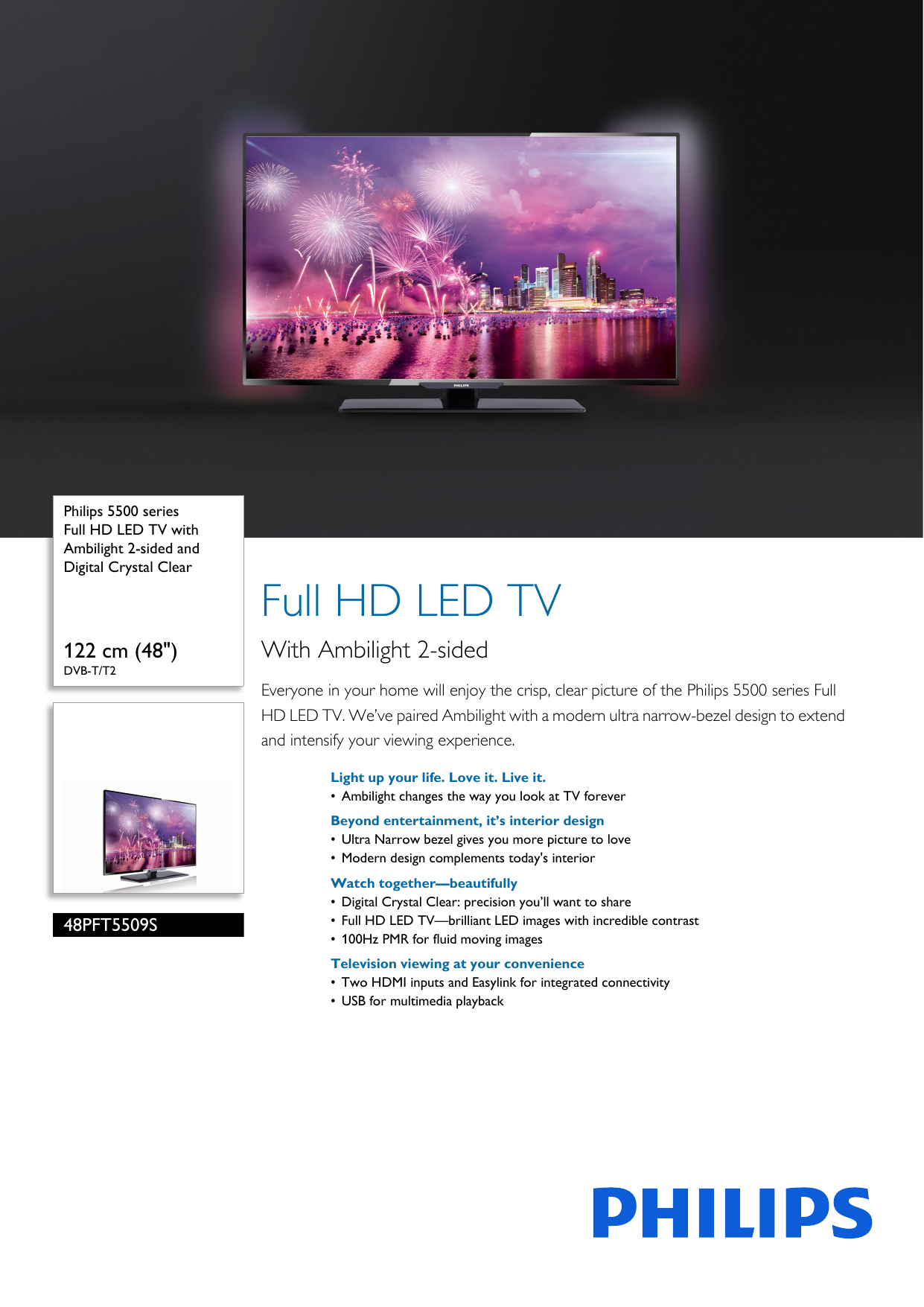 Page 1 of 3 - Philips 48PFT5509S/98 Full HD LED TV With Ambilight 2-sided And Digital Crystal Clear 2 ... 48pft5509s 98 Pss Aenid