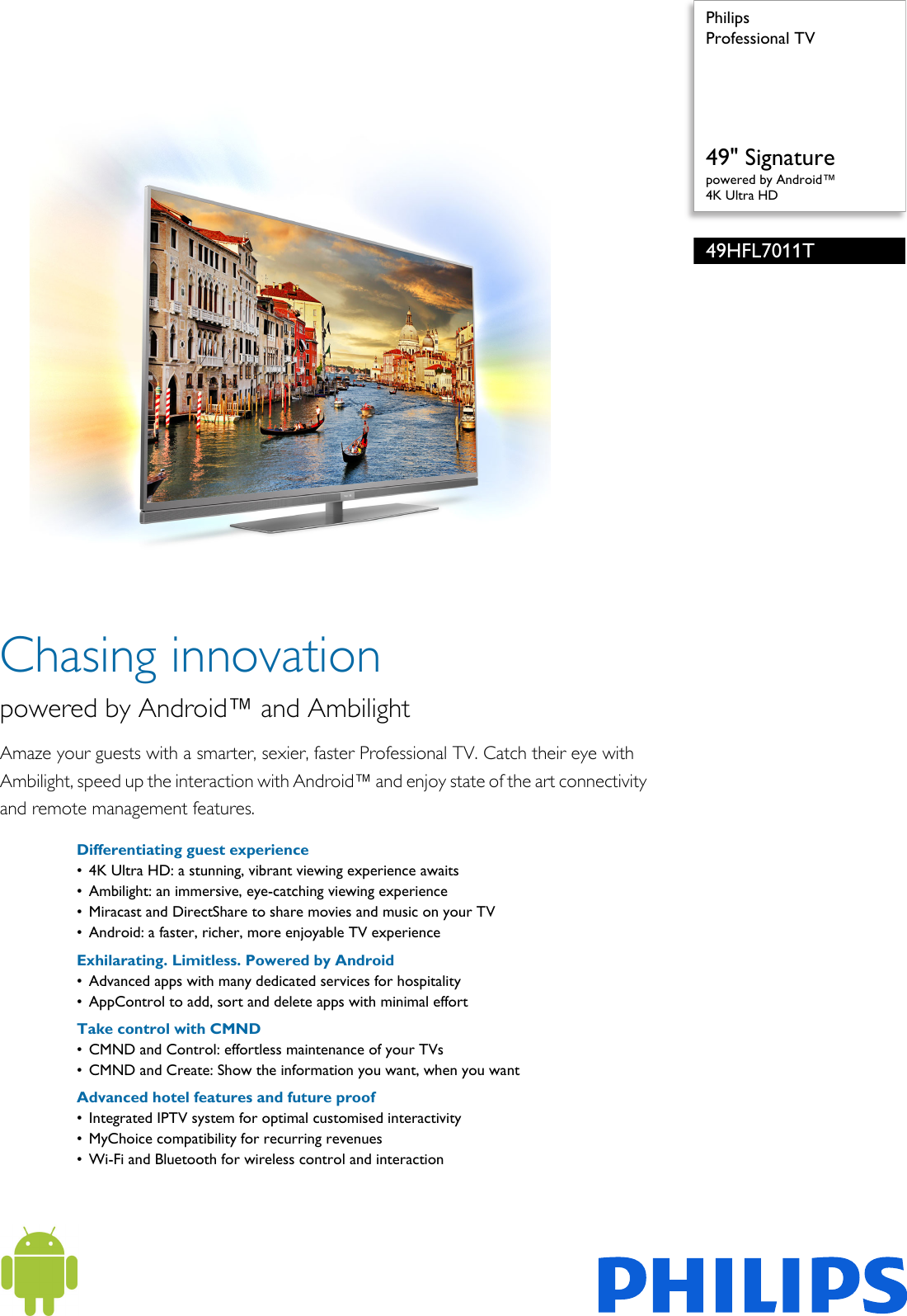Page 1 of 3 - Philips 49HFL7011T/12 Professional TV User Manual Leaflet 49hfl7011t 12 Pss Enggb