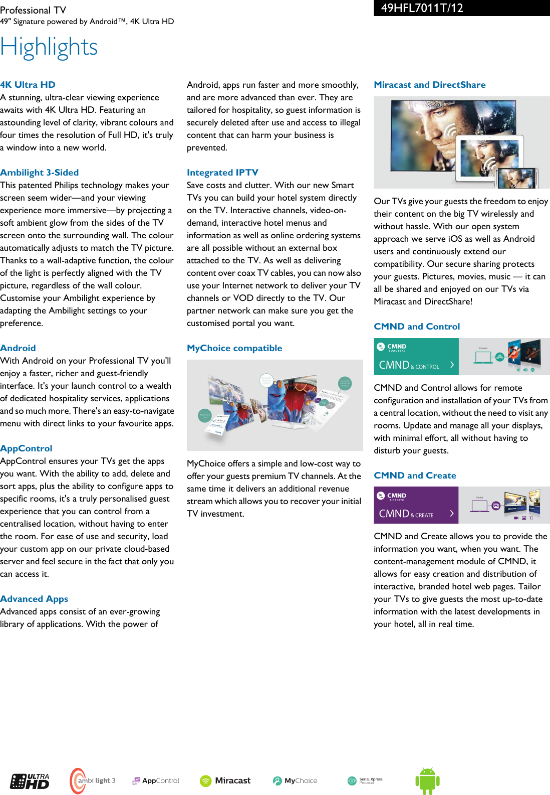 Page 2 of 3 - Philips 49HFL7011T/12 Professional TV User Manual Leaflet 49hfl7011t 12 Pss Enggb
