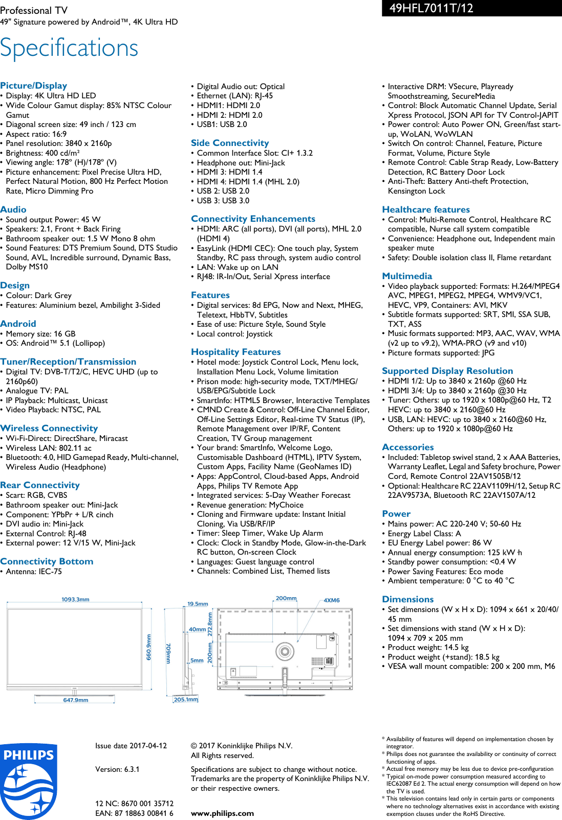 Page 3 of 3 - Philips 49HFL7011T/12 Professional TV User Manual Leaflet 49hfl7011t 12 Pss Enggb