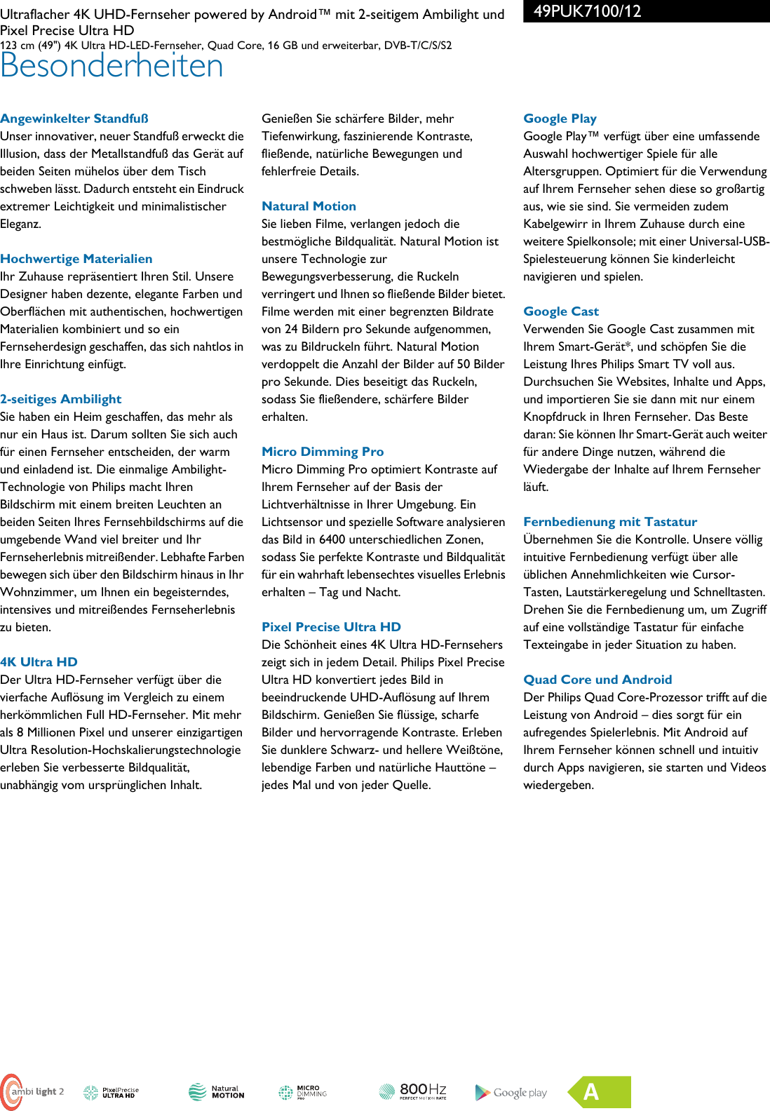 Philips 49puk7100 12 Leaflet 49puk7100 12 Released Germany German User Manual Datenblatt 49puk7100 12 Pss Deude