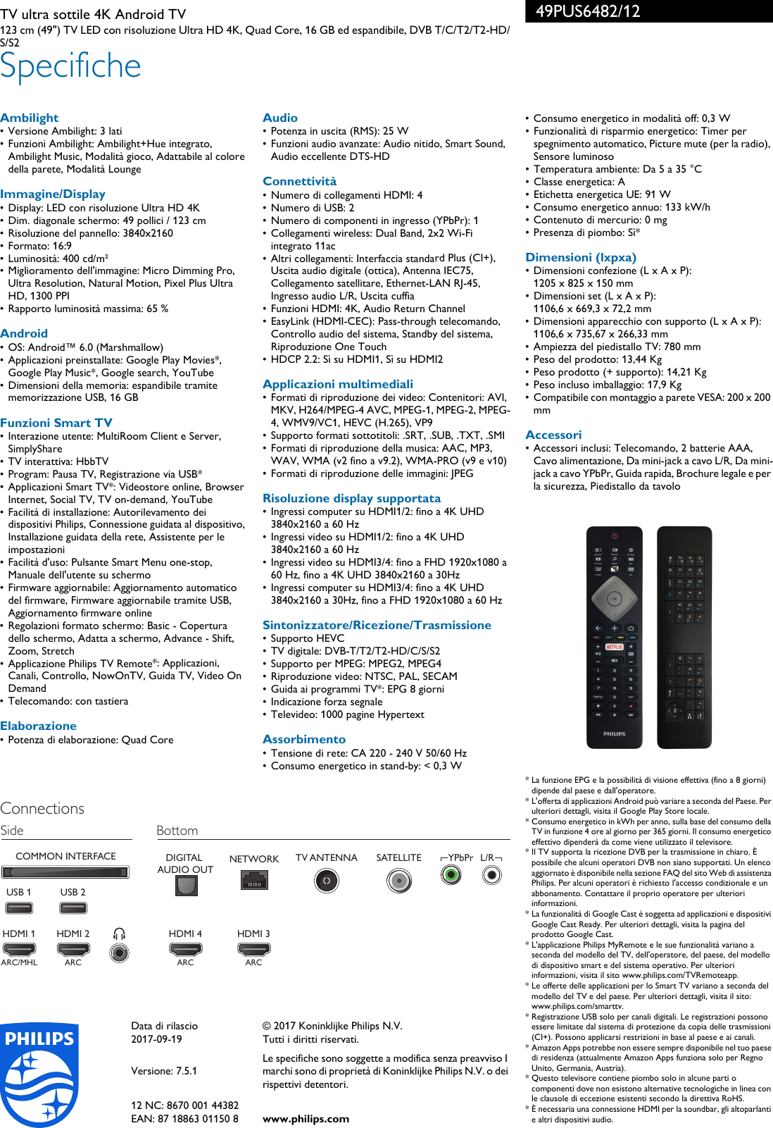 Page 3 of 3 - Philips 49PUS6482/12 Ultra Sottile Android TV 4K Con Tecnologia Ambilight Su 3 Lati E Pixel Plus HD User Manual Scheda Tecnica 49pus6482 12 Pss Itait