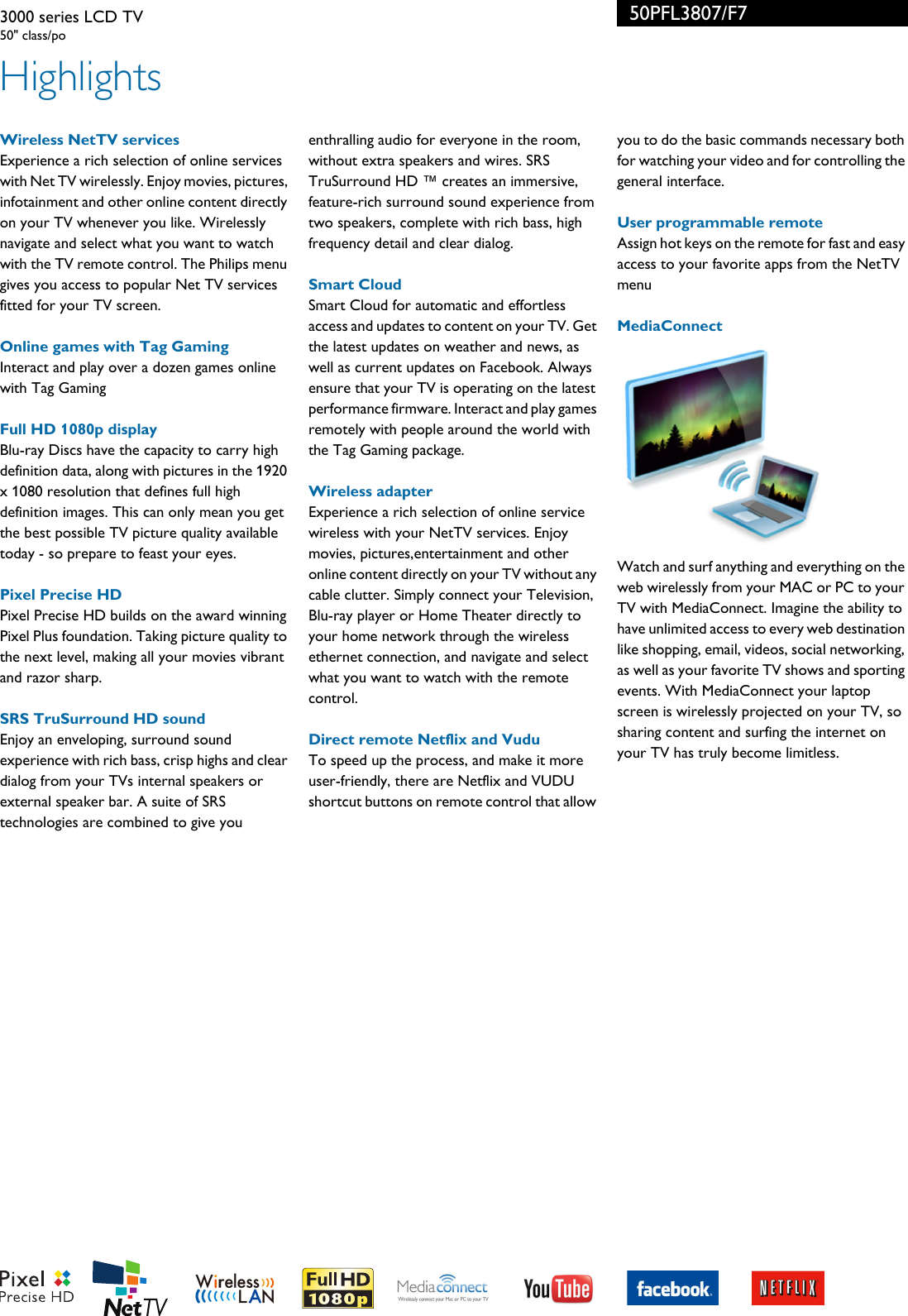 Page 2 of 3 - Philips 50PFL3807/F7 3000 Series LCD TV User Manual Leaflet 50pfl3807 F7 Pss Aenus