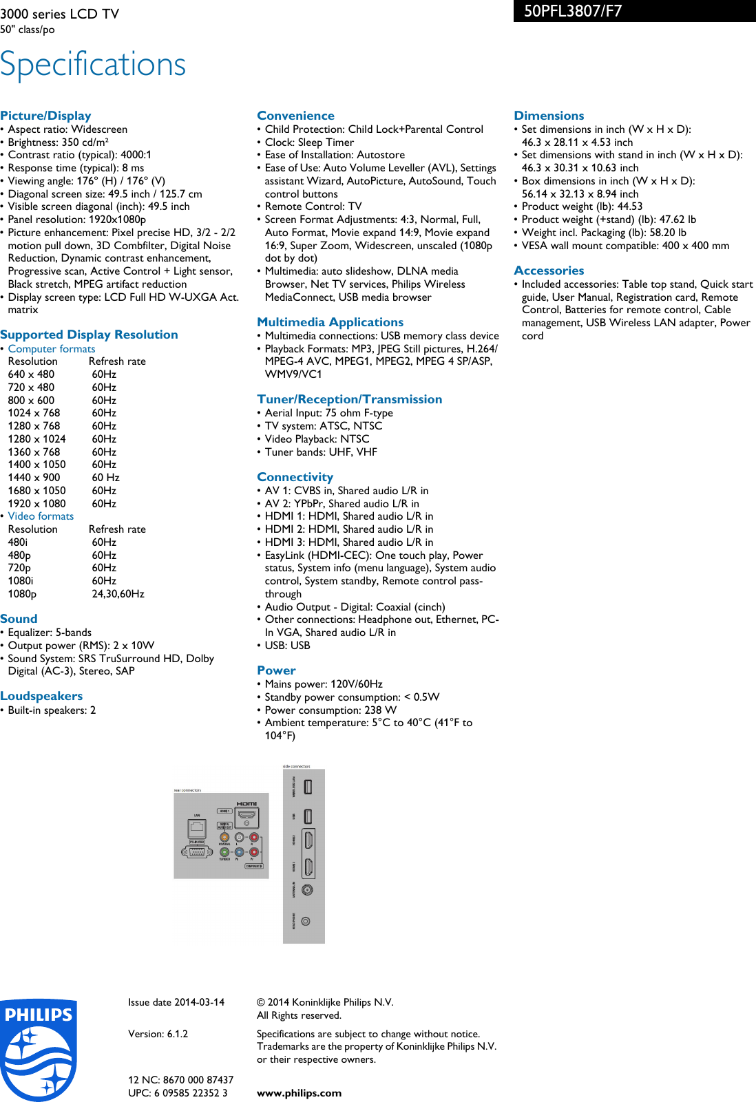 Page 3 of 3 - Philips 50PFL3807/F7 3000 Series LCD TV User Manual Leaflet 50pfl3807 F7 Pss Aenus