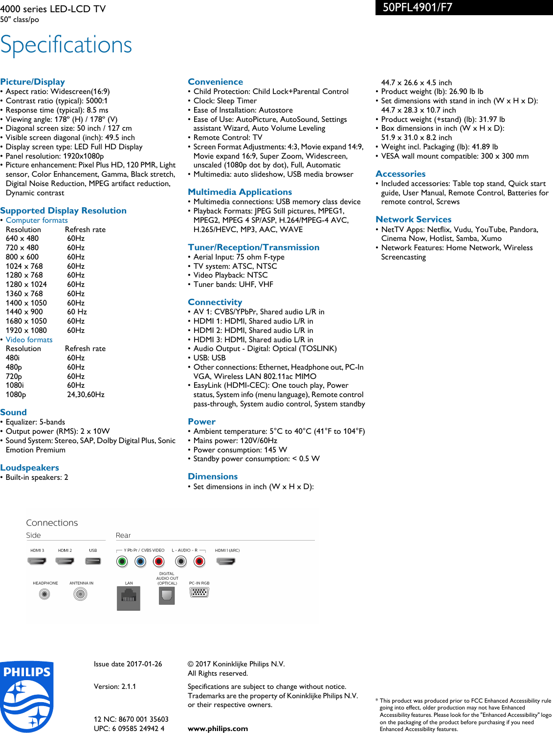 Page 3 of 3 - Philips 50PFL4901/F7 4000 Series LED-LCD TV User Manual Leaflet 50pfl4901 F7 Pss Aenus