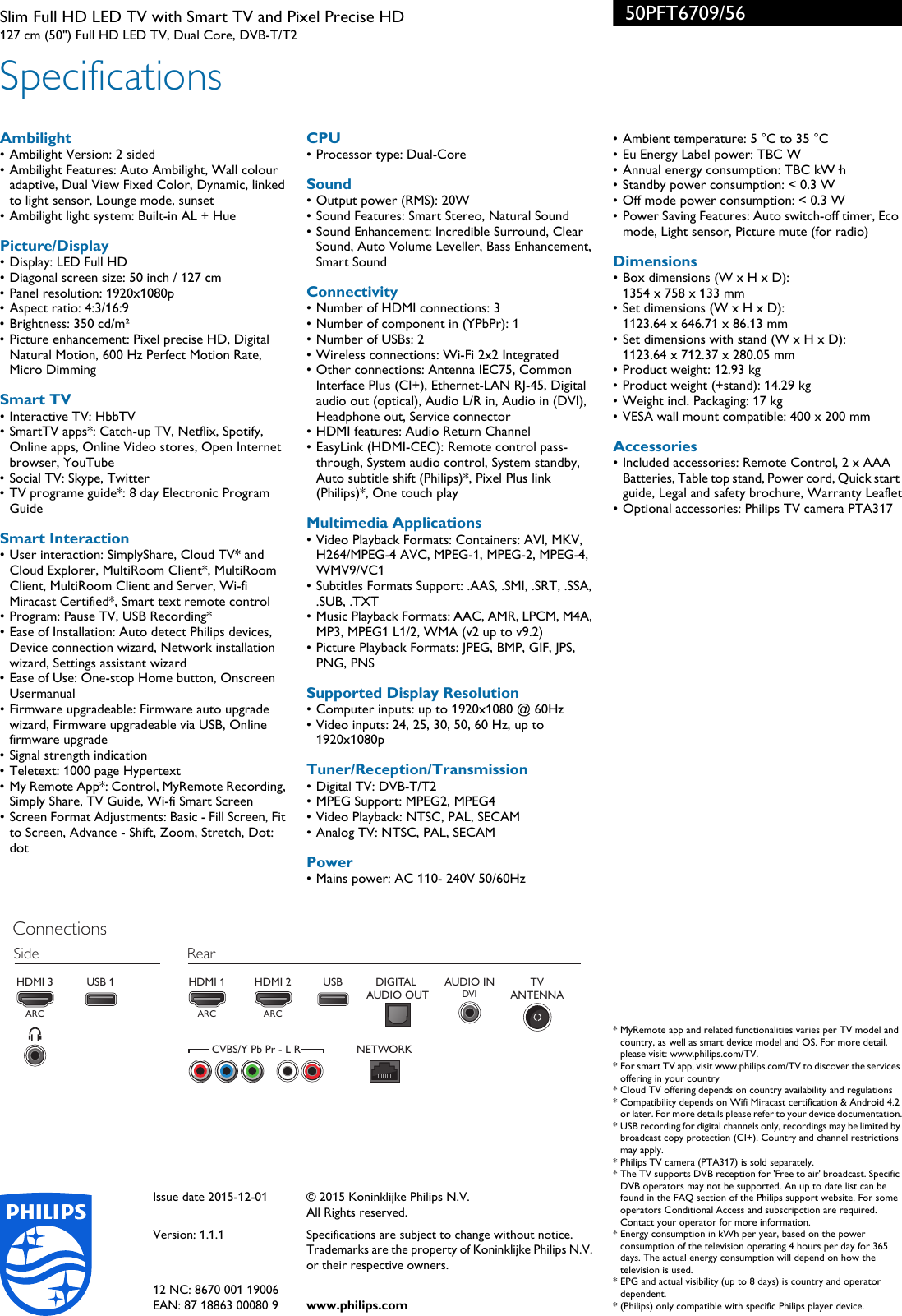 Page 3 of 3 - Philips 50PFT6709/56 Slim Full HD LED TV With Smart And Pixel Precise User Manual Leaflet 50pft6709 56 Pss Engsg