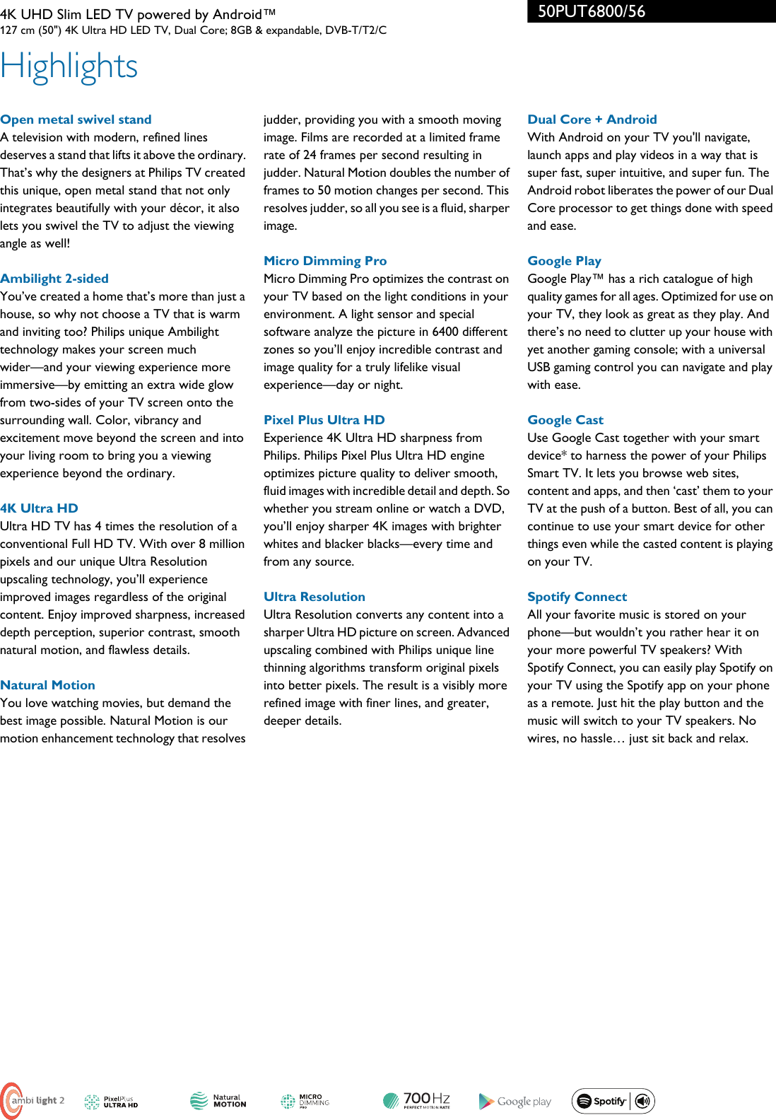 Page 2 of 3 - Philips 50PUT6800/56 4K UHD Slim LED TV Powered By Android™ With Ambilight 2-sided And Pixel Plus Ultra HD User Manual Leaflet 50put6800 56 Pss