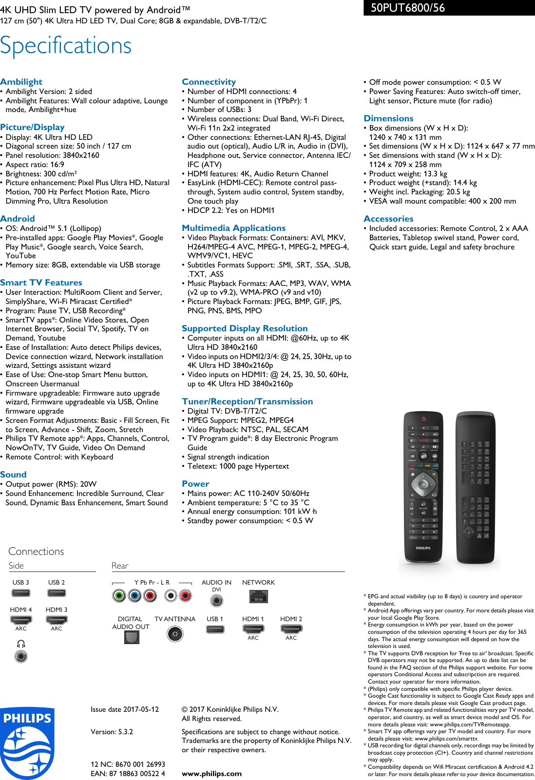 Page 3 of 3 - Philips 50PUT6800/56 4K UHD Slim LED TV Powered By Android™ With Ambilight 2-sided And Pixel Plus Ultra HD User Manual Leaflet 50put6800 56 Pss