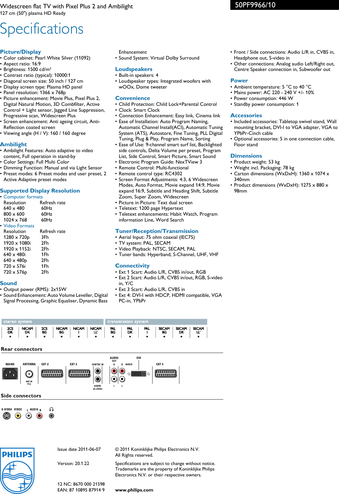 Page 3 of 3 - Philips 50PF9966/10 Widescreen Flat TV With Pixel Plus 2 And Ambilight ... 50pf9966 10 Pss Aenbe