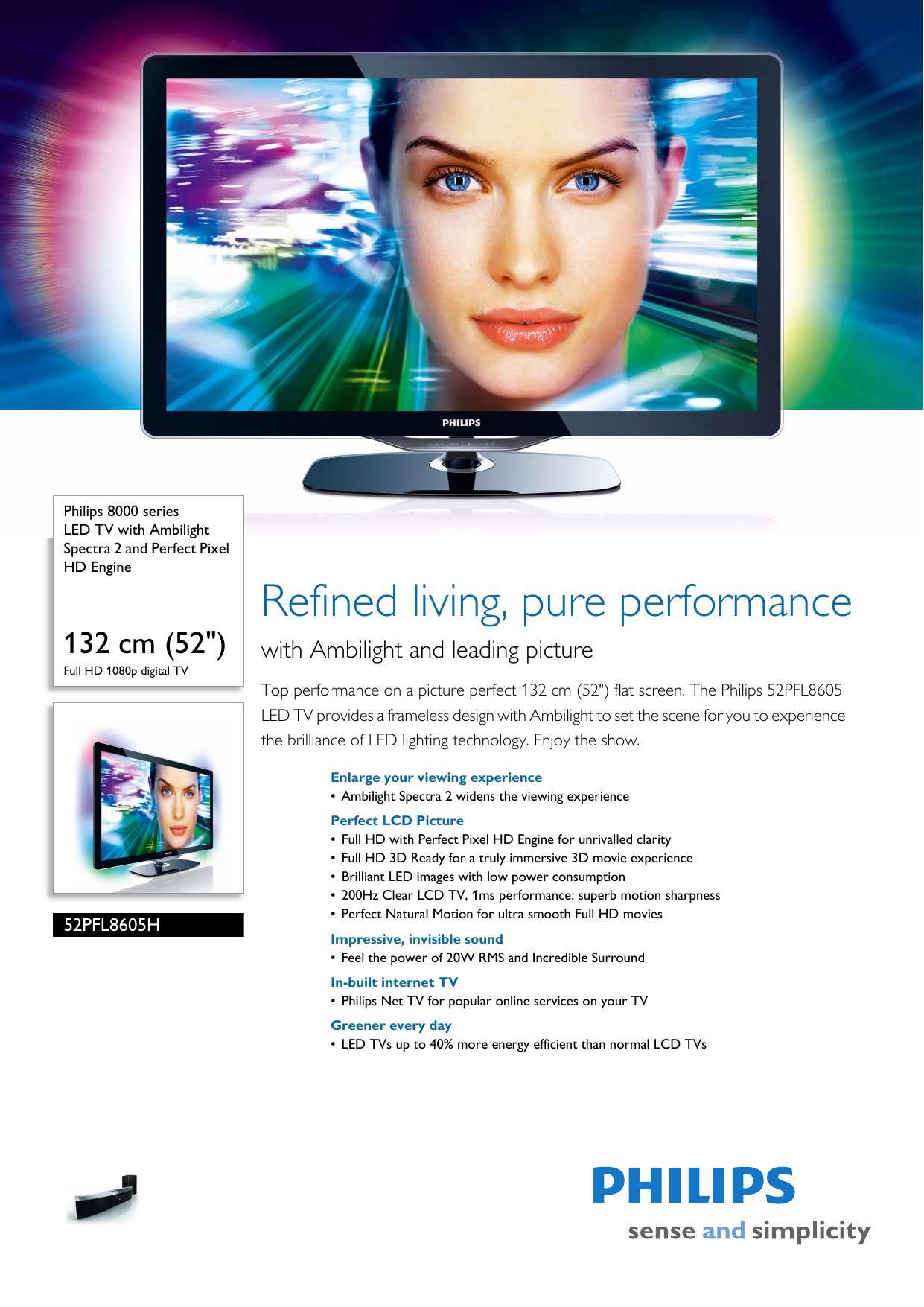 Page 1 of 3 - Philips 52PFL8605H/12 LED TV With Ambilight Spectra 2 And Perfect Pixel HD Engine Leaflet 52pfl8605h 12 Pss Aenca
