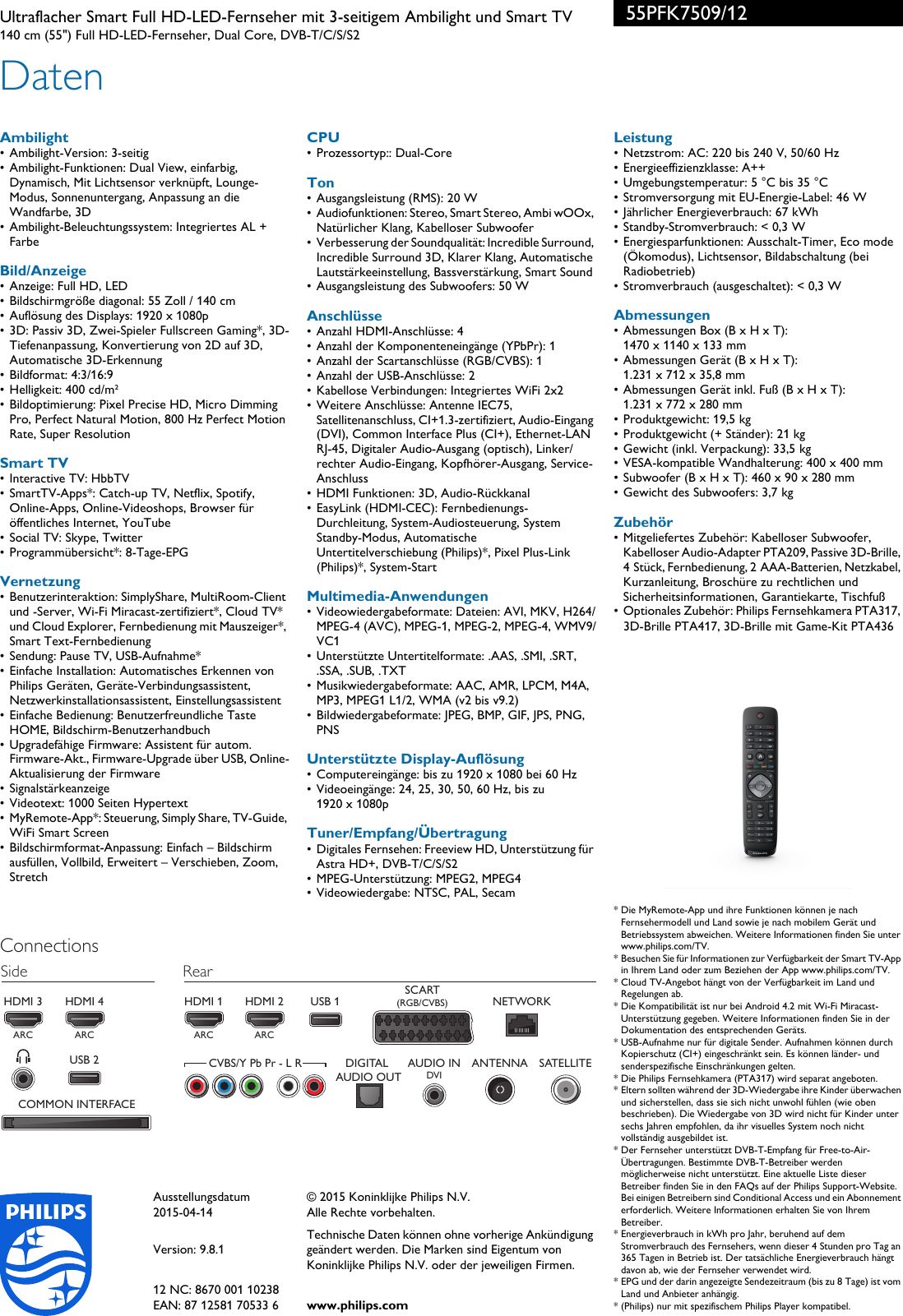 Page 3 of 3 - Philips 55PFK7509/12 Leaflet 55PFK7509_12 Released Germany (German)  User Manual Datenblatt 55pfk7509 12 Pss Deude