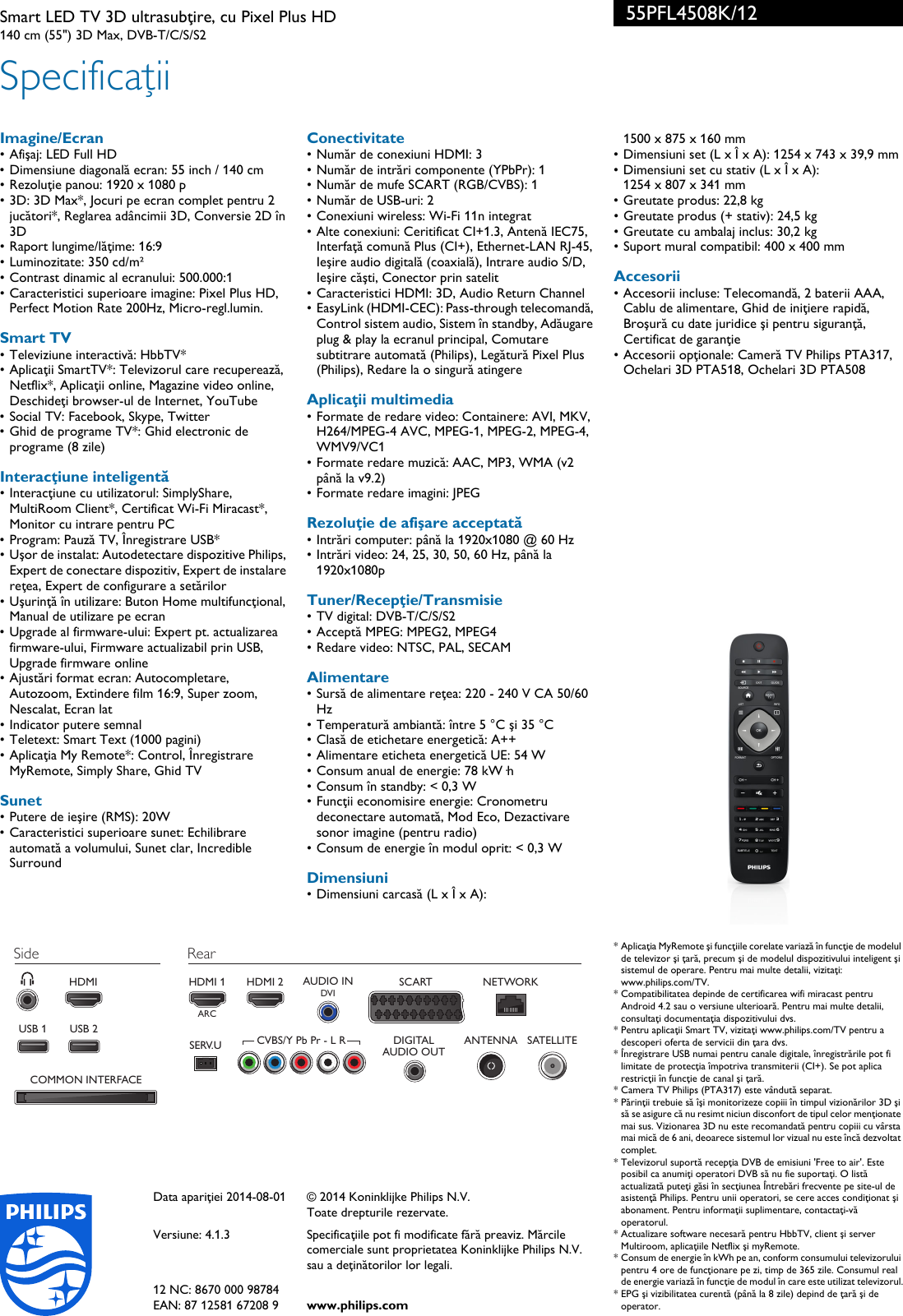 composiet lens Implementeren Philips 55PFL4508K/12 Smart LED TV 3D Ultrasubţire, Cu Pixel Plus HD User  Manual Pliant 55pfl4508k 12 Pss Ronro