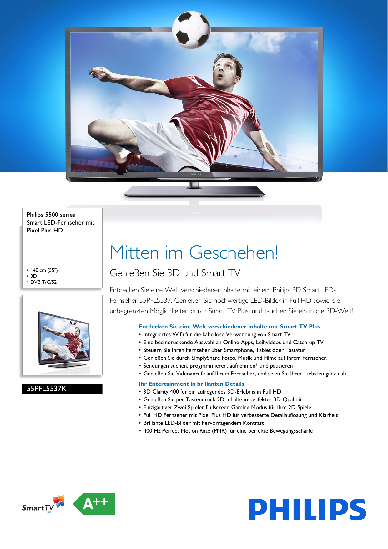 Page 1 of 3 - Philips 55PFL5537K/12 Leaflet 55PFL5537K_12 Released Switzerland (German)  User Manual Datenblatt 55pfl5537k 12 Pss Deuch