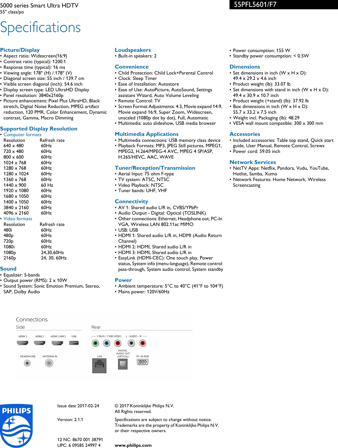 Page 3 of 3 - Philips 55PFL5601/F7 5000 Series Smart Ultra HDTV User Manual Leaflet 55pfl5601 F7 Pss Aenus
