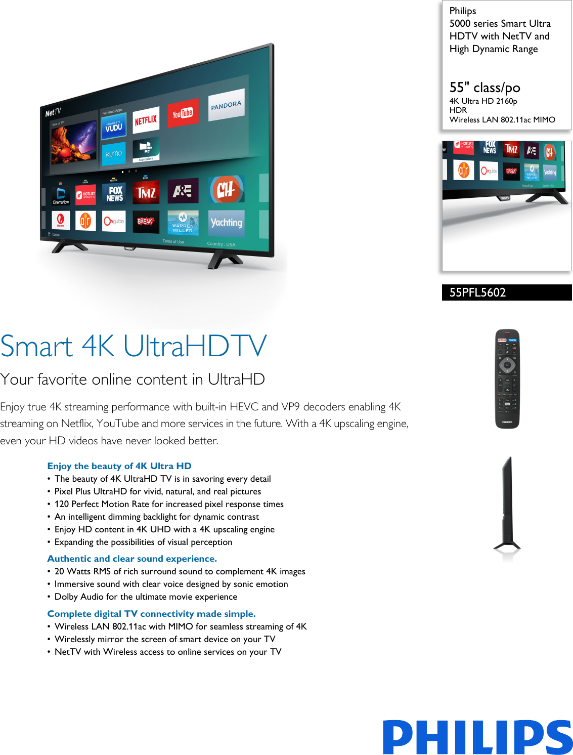 Page 1 of 3 - Philips 55PFL5602/F7 5000 Series Smart Ultra HDTV With NetTV And High Dynamic Range User Manual Leaflet 55pfl5602 F7 Pss Aenus