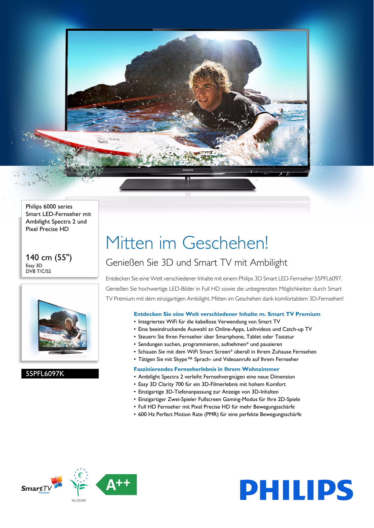 Page 1 of 3 - Philips 55PFL6097K/12 Leaflet 55PFL6097K_12 Released Germany (German)  User Manual Datenblatt 55pfl6097k 12 Pss Deude