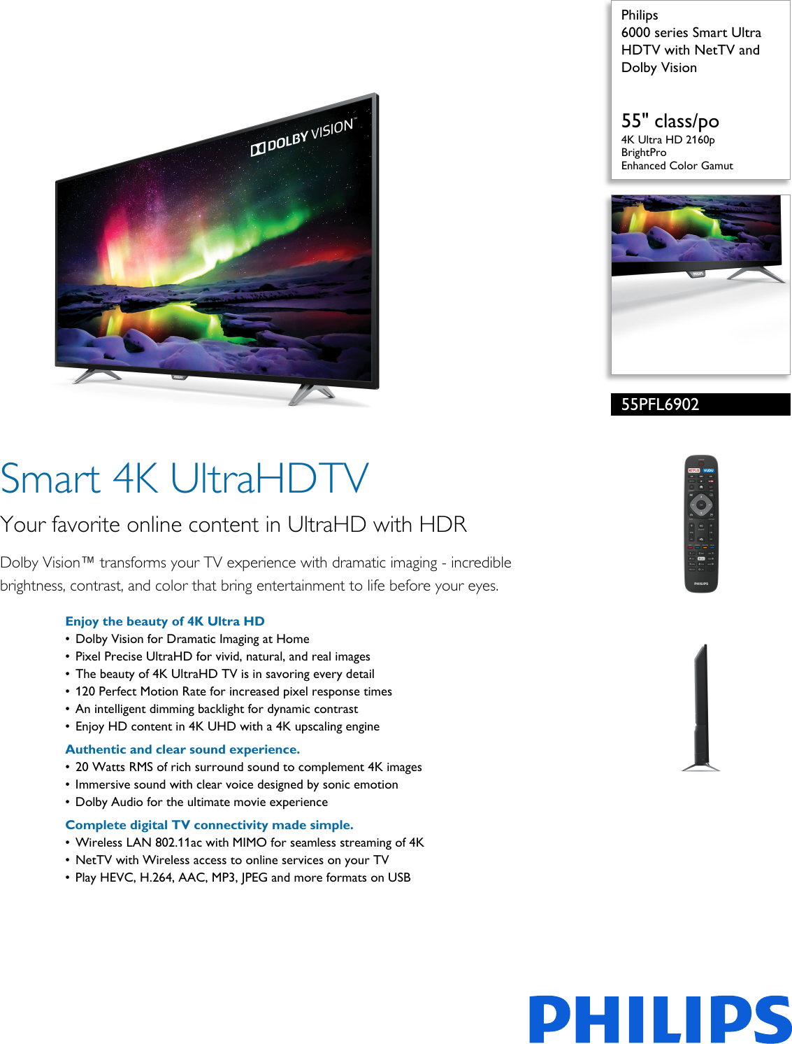 Page 1 of 3 - Philips 55PFL6902/F7 6000 Series Smart Ultra HDTV With NetTV And Dolby Vision User Manual Leaflet 55pfl6902 F7 Pss Aenus