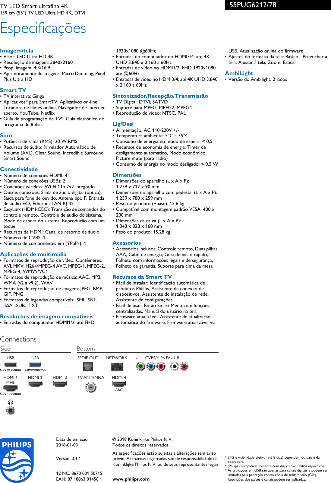 Page 3 of 3 - Philips 55PUG6212/78 TV LED Smart Ultrafina 4K Com Ambilight Bilateral E Pixel Plus Ultra HD User Manual Folheto 55pug6212 78 Pss Brpbr