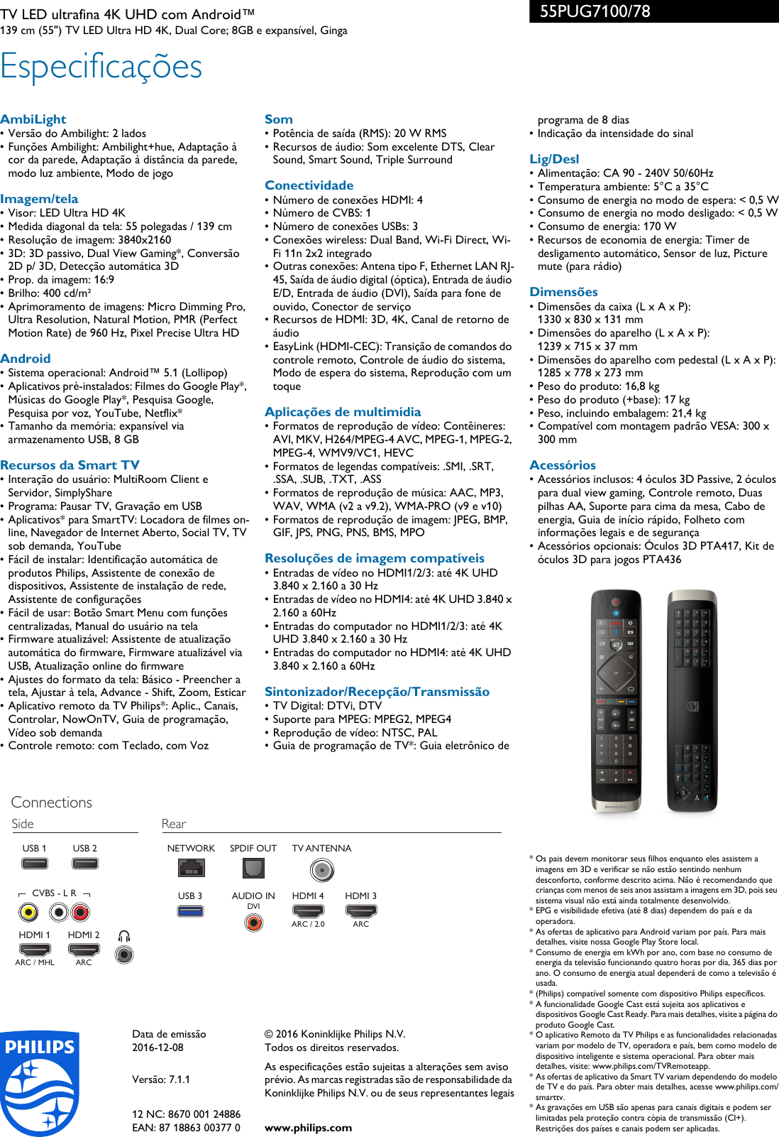 Page 3 of 3 - Philips 55PUG7100/78 TV LED Ultrafina 4K UHD Com Android™com Ambilight Bilateral E Pixel Precise Ultra HD User Manual Folheto 55pug7100 78 Pss Brpbr