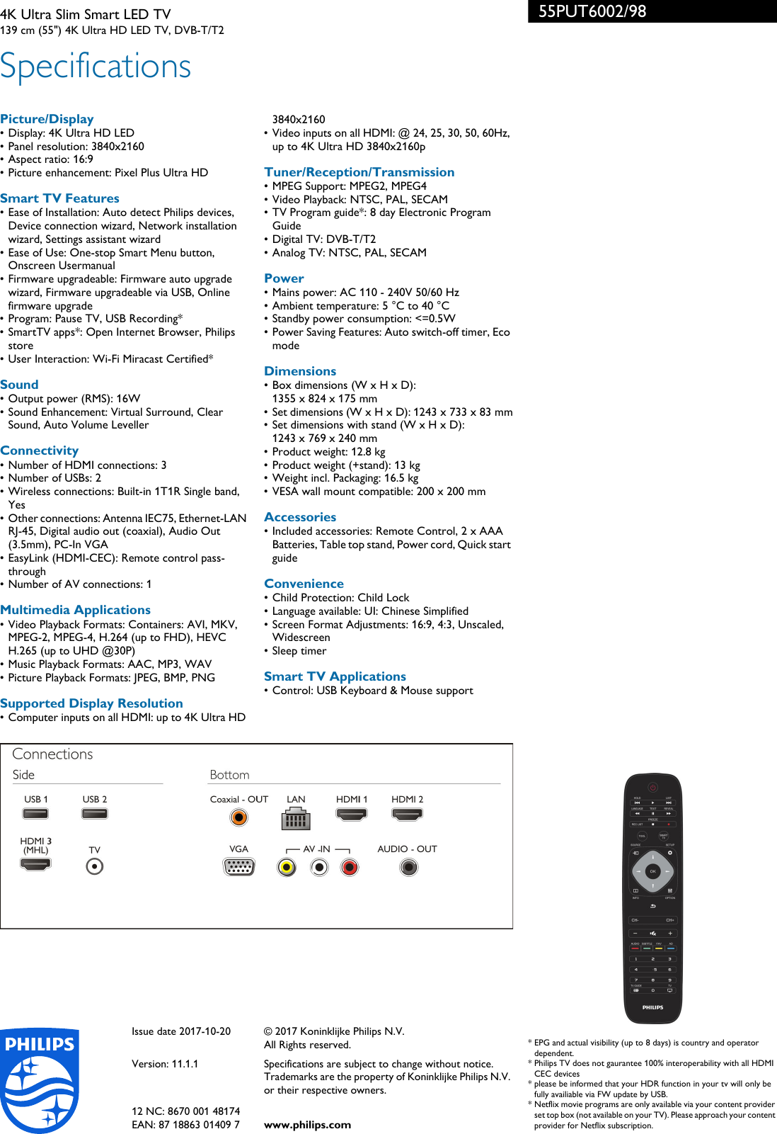 Page 3 of 3 - Philips 55PUT6002/98 4K Ultra Slim Smart LED TV With Pixel Plus HD User Manual Leaflet 55put6002 98 Pss Engsg
