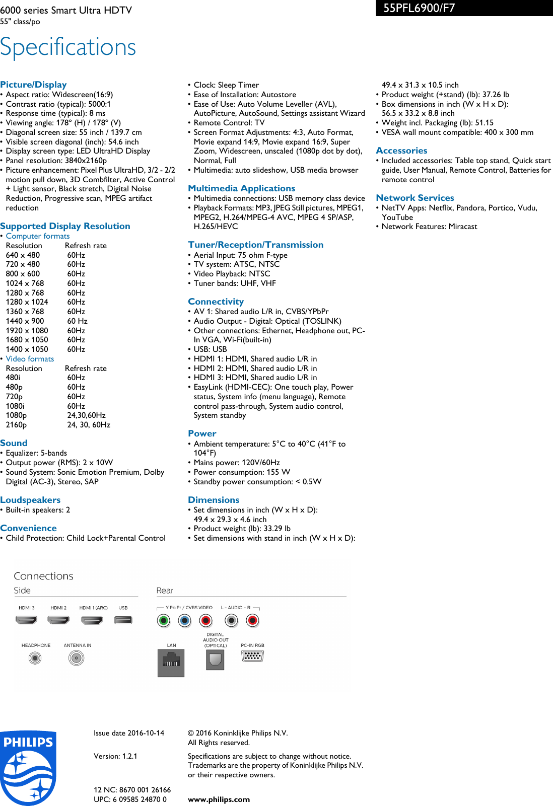 Page 3 of 3 - Philips 55PFL6900/F7 6000 Series Smart Ultra HDTV 55pfl6900 F7 Pss Aenca