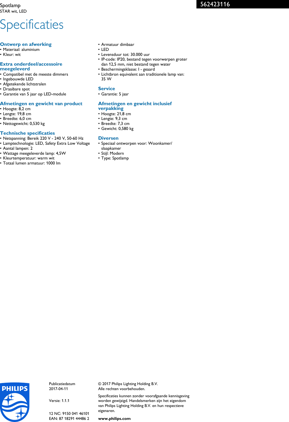 Page 3 of 3 - Philips 56242/31/16 562423116 Spotlamp User Manual Brochure Pss Nldnl