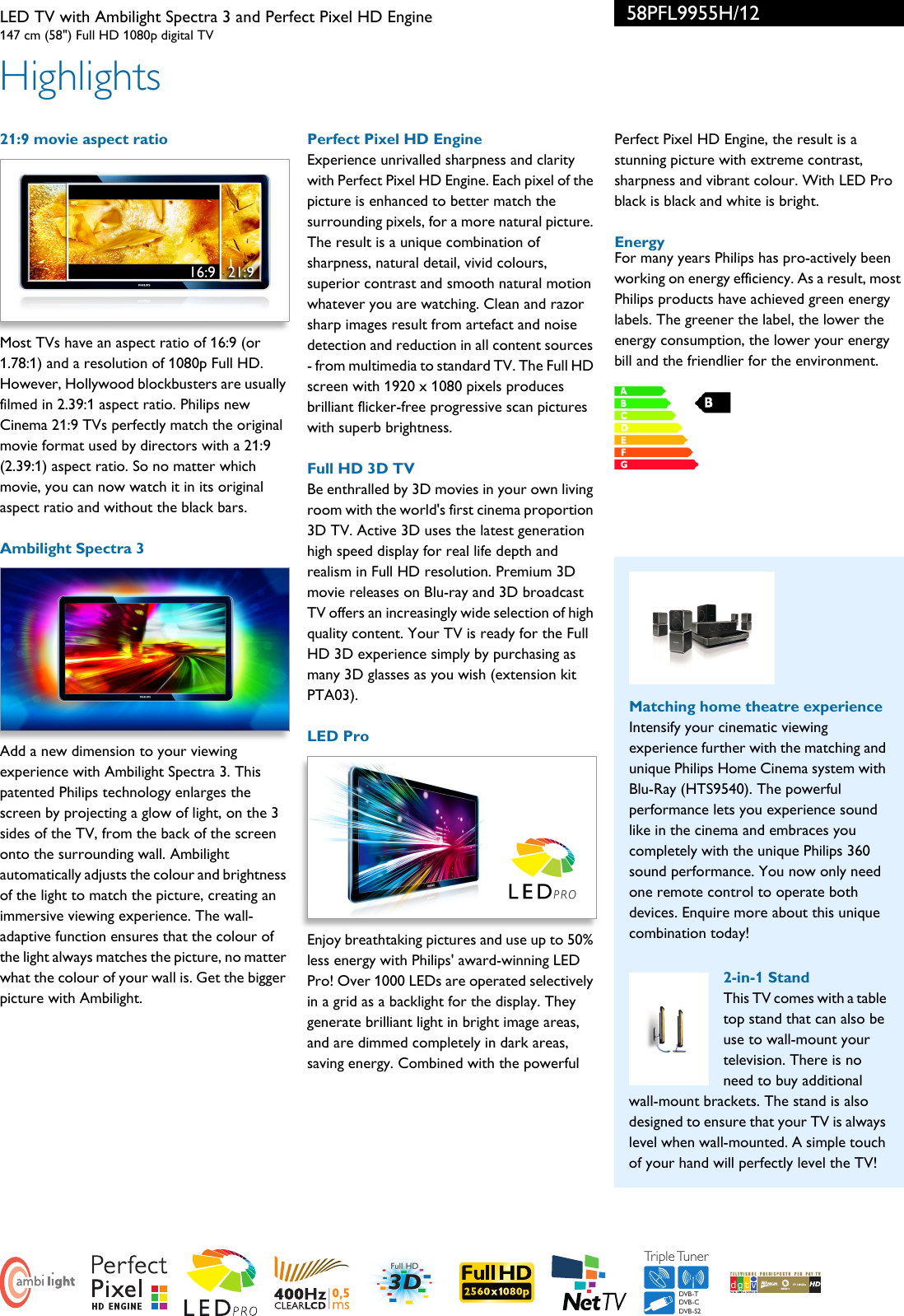 Page 2 of 3 - Philips 58PFL9955H/12 LED TV With Ambilight Spectra 3 And Perfect Pixel HD Engine User Manual Leaflet 58pfl9955h 12 Pss Enggb