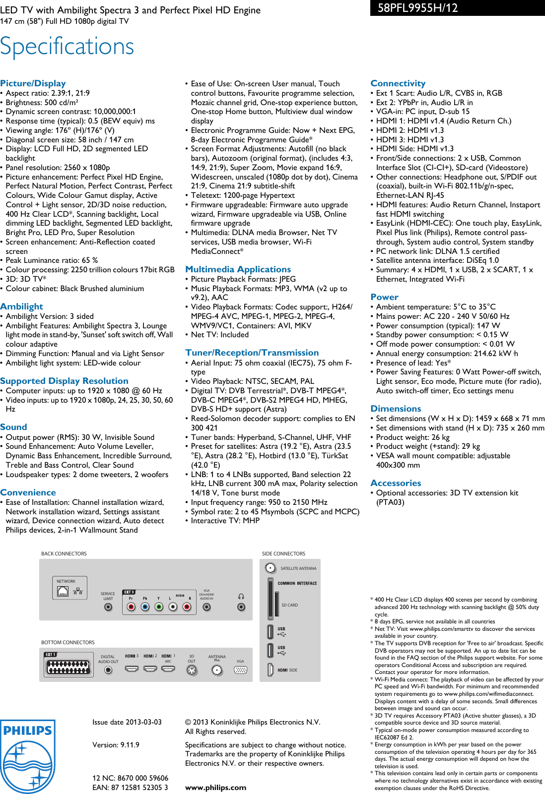 Page 3 of 3 - Philips 58PFL9955H/12 LED TV With Ambilight Spectra 3 And Perfect Pixel HD Engine User Manual Leaflet 58pfl9955h 12 Pss Enggb