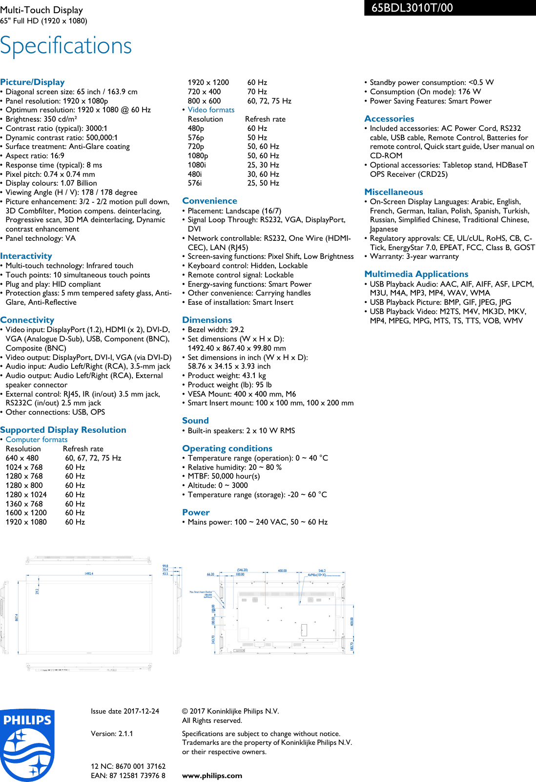 Page 3 of 3 - Philips 65BDL3010T/00 Multi-Touch Display User Manual Leaflet 65bdl3010t 00 Pss Enggb