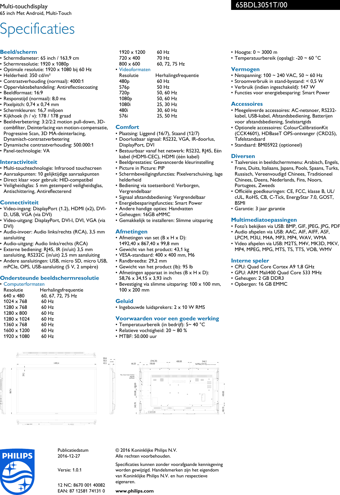 Page 3 of 3 - Philips 65BDL3051T/00 Multi-touchdisplay User Manual Brochure 65bdl3051t 00 Pss Nldnl