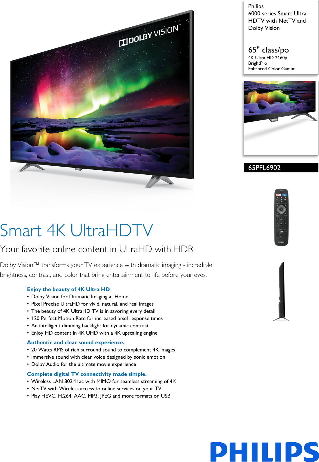 Page 1 of 3 - Philips 65PFL6902/F7 6000 Series Smart Ultra HDTV With NetTV And Dolby Vision ... 65pfl6902 F7 Pss Aenca