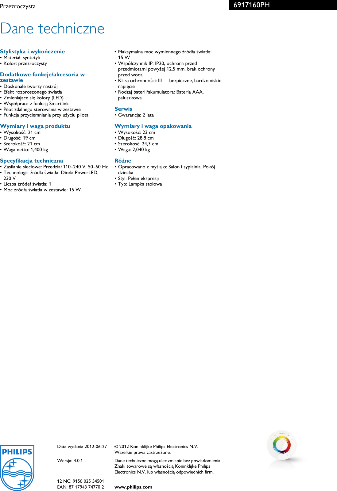 Page 3 of 3 - Philips 69171/60/PH Leaflet 6917160PH Released Poland (Polish) User Manual Karta Produktowa Pss Polpl