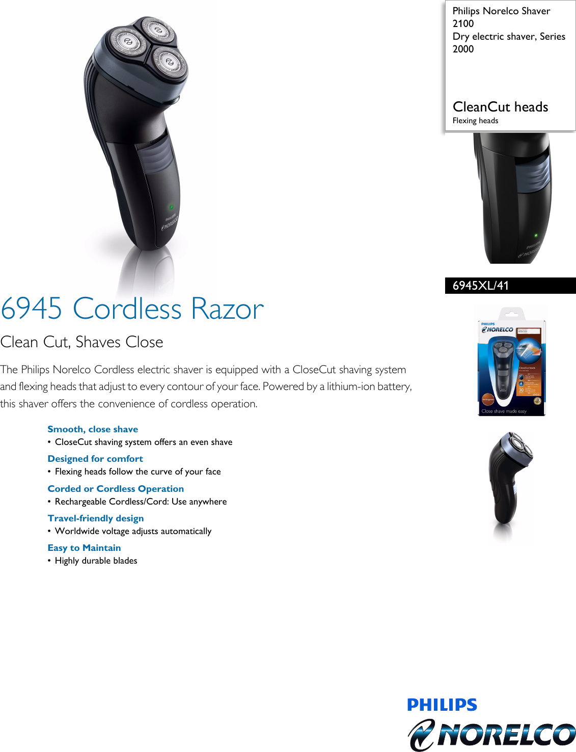 Page 1 of 2 - Philips 6945XL/41 Dry Electric Shaver, Series 2000 User Manual Leaflet 6945xl 41 Pss Aenus