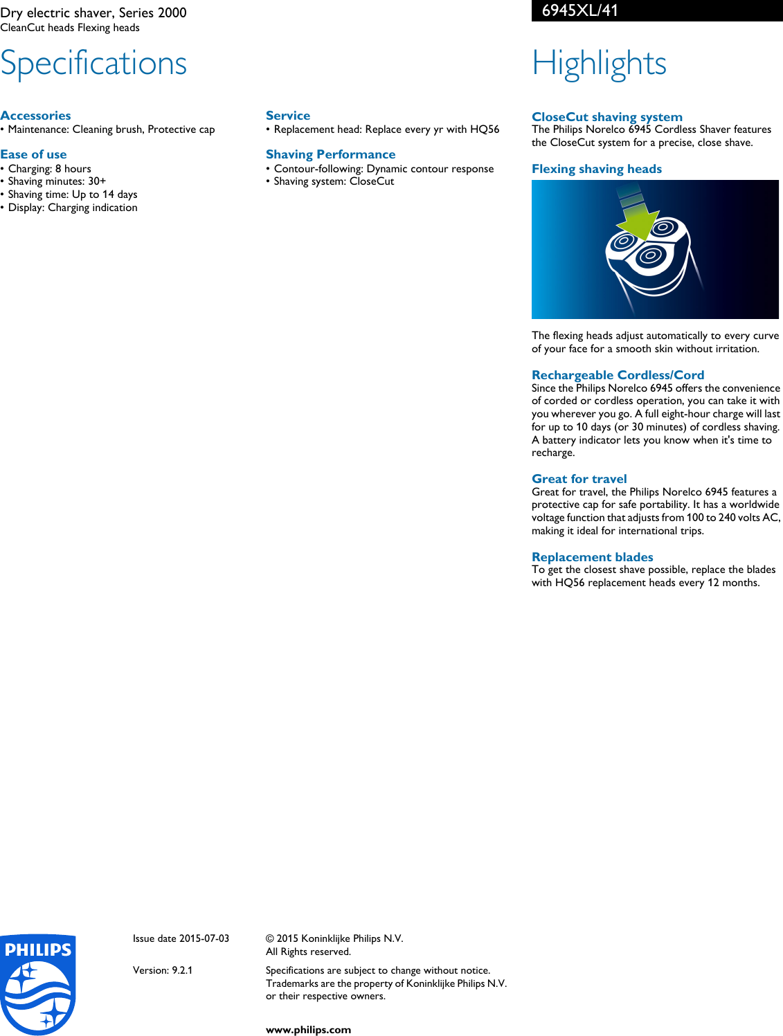 Page 2 of 2 - Philips 6945XL/41 Dry Electric Shaver, Series 2000 User Manual Leaflet 6945xl 41 Pss Aenus