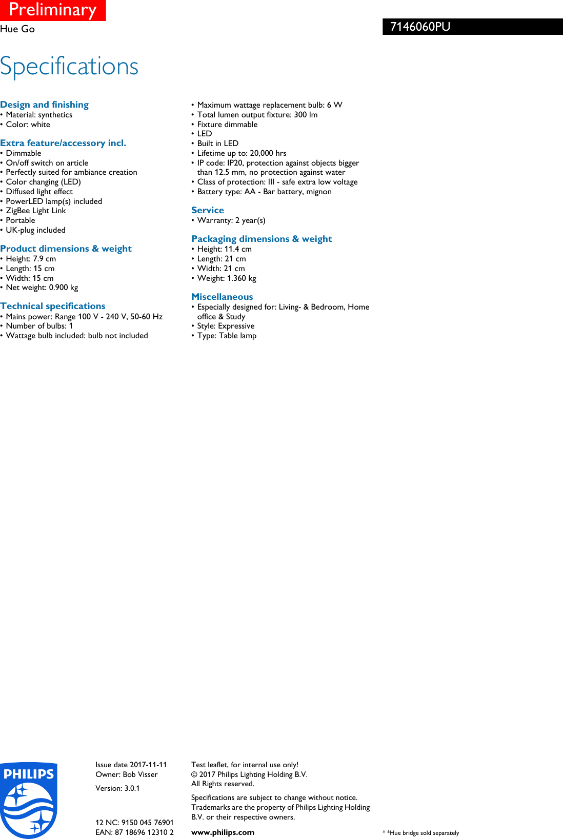 Page 3 of 3 - Philips 71460/60/PU 7146060PU Hue Go User Manual Leaflet Pss Aenhk