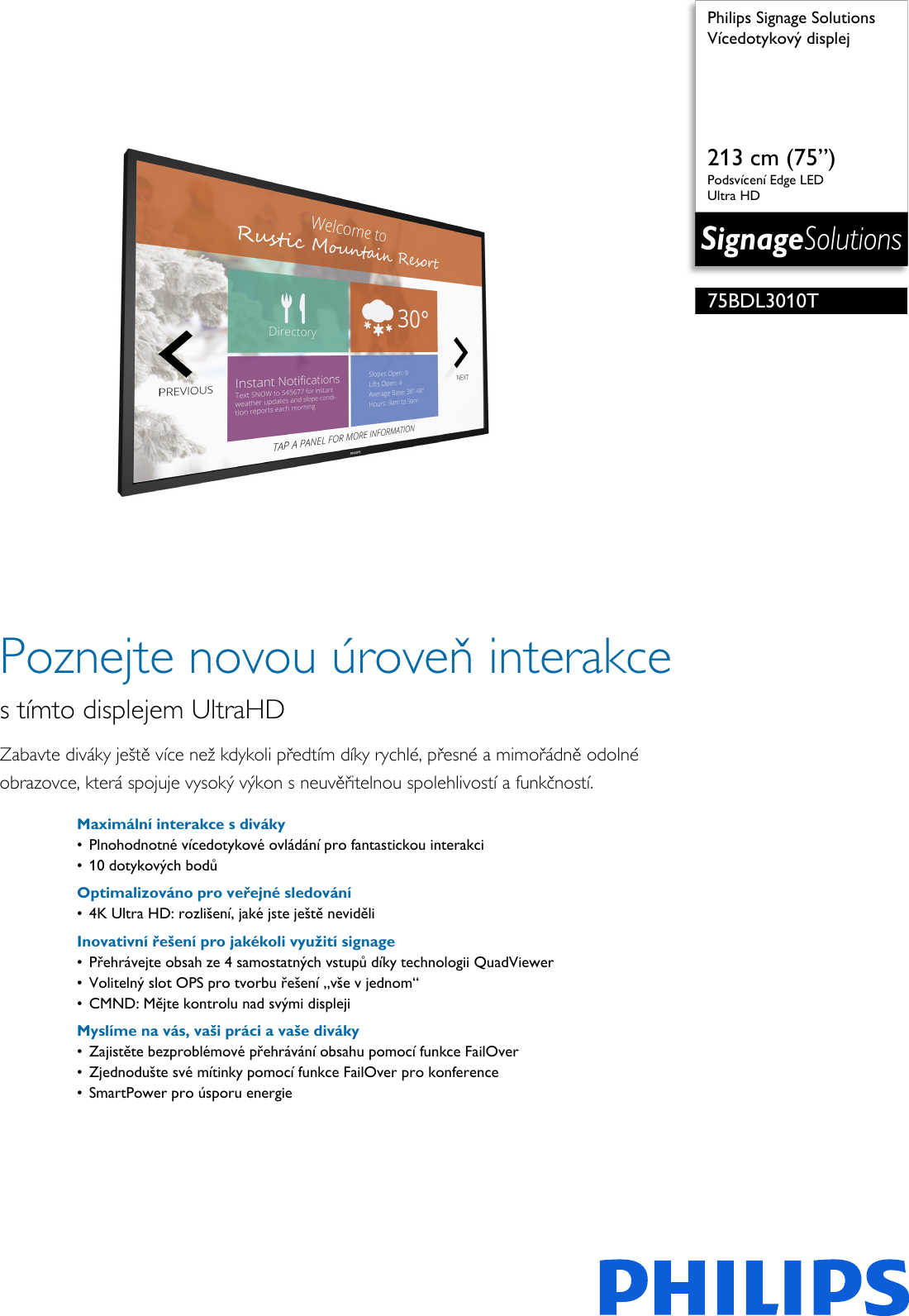 Page 1 of 3 - Philips 75BDL3010T/00 Leaflet 75BDL3010T_00 Released Czech Republic (Czech)  User Manual Specifikační List Výrobku 75bdl3010t 00 Pss Cescz