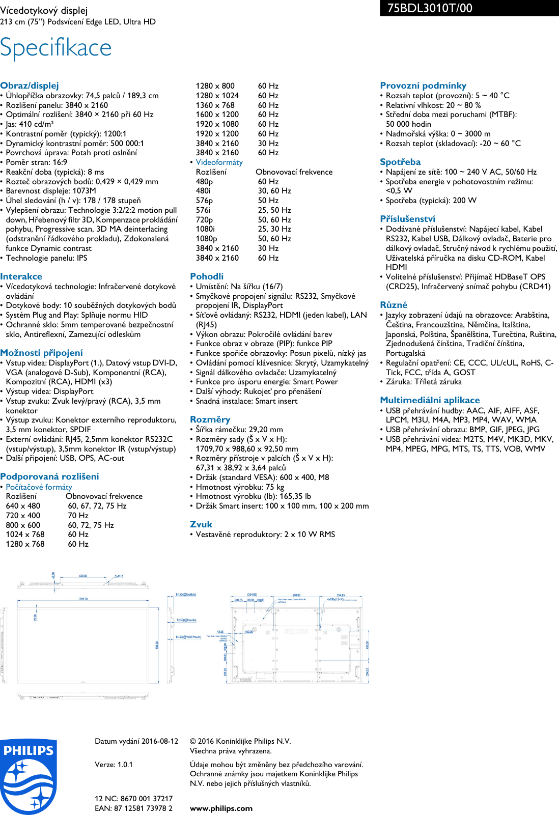 Page 3 of 3 - Philips 75BDL3010T/00 Leaflet 75BDL3010T_00 Released Czech Republic (Czech)  User Manual Specifikační List Výrobku 75bdl3010t 00 Pss Cescz