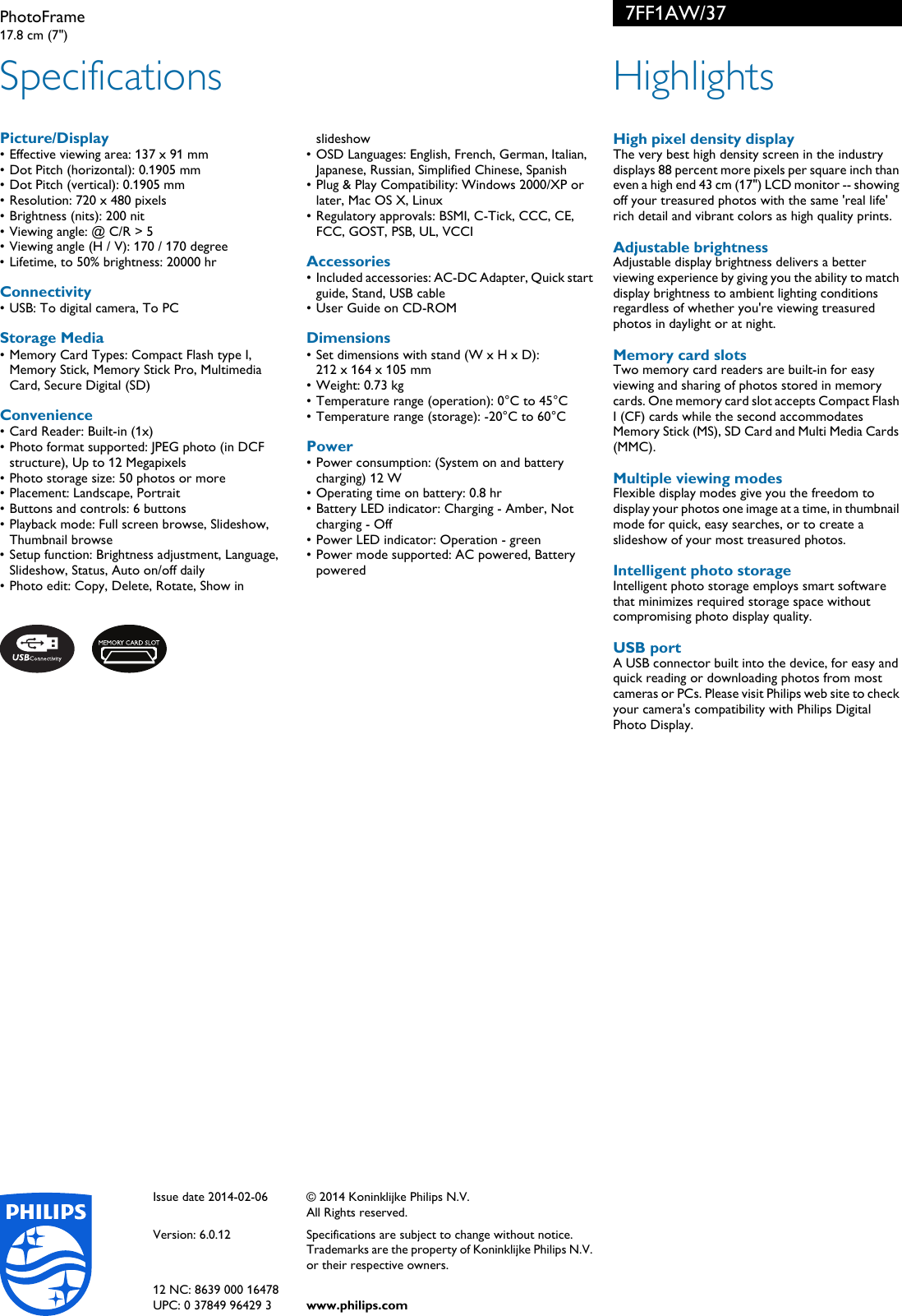 Page 2 of 2 - Philips 7FF1AW/37 PhotoFrame Leaflet 7ff1aw 37 Pss