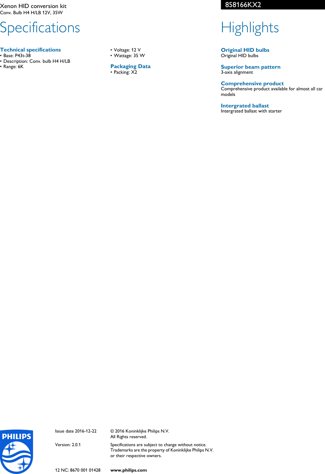 Page 2 of 2 - Philips 858166KX2 Xenon HID Conversion Kit User Manual Leaflet Pss Aenpk