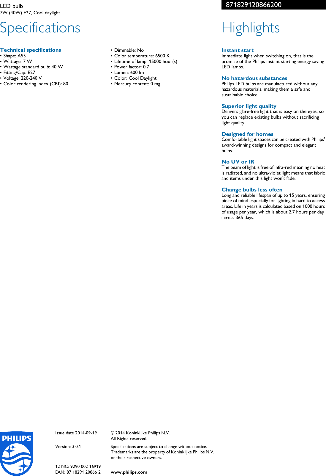 Page 2 of 2 - Philips 871829120866200 LED Bulb User Manual Leaflet Pss Engph