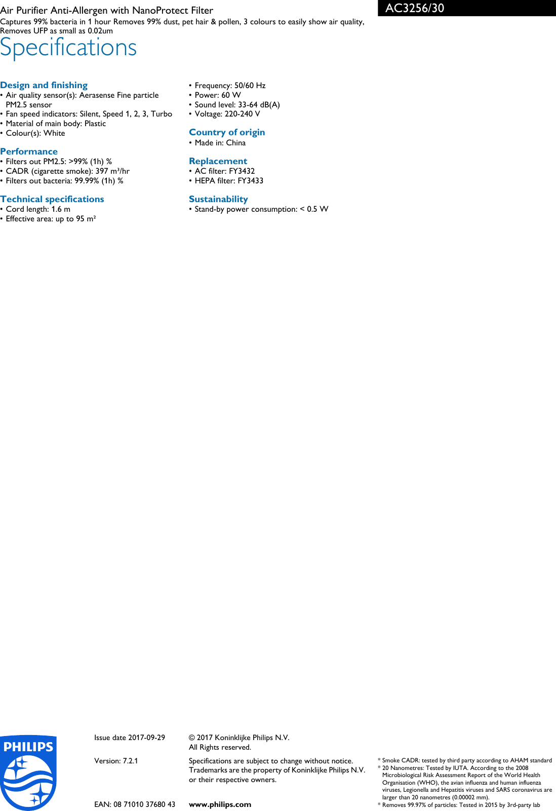 Page 3 of 3 - Philips AC3256/30 Air Purifier Anti-Allergen With NanoProtect Filter User Manual Leaflet Ac3256 30 Pss Enggb