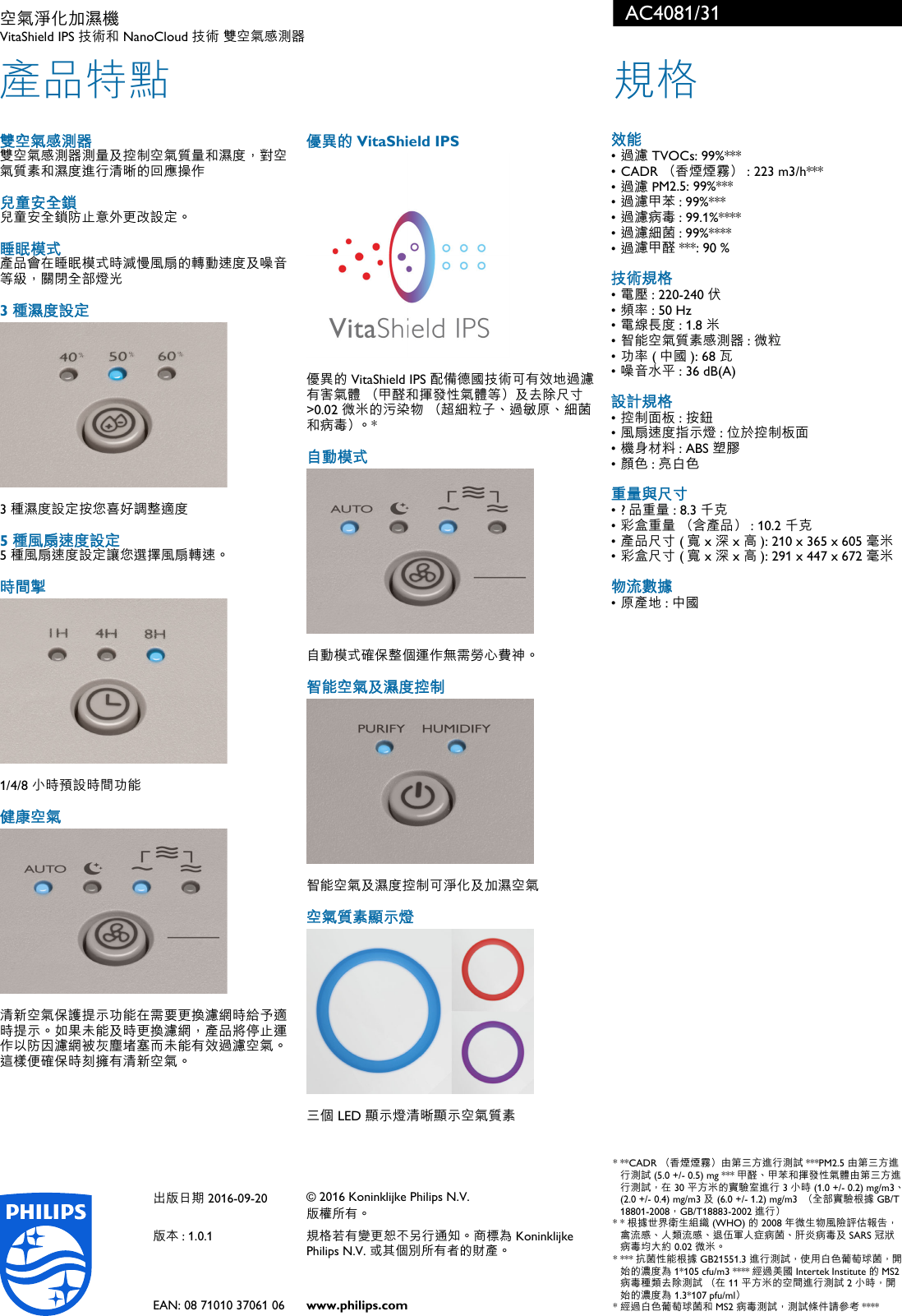 Page 2 of 2 - Philips AC4081/31 空氣淨化加濕機 使用手册 傳單 Ac4081 31 Pss Zhthk