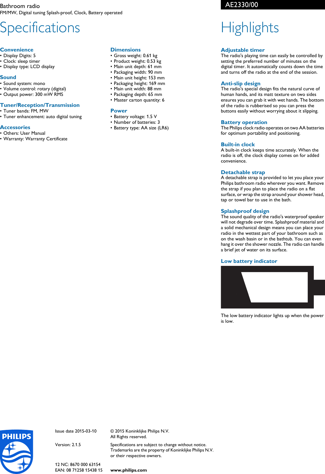 Page 2 of 2 - Philips AE2330/00 Bathroom Radio User Manual Leaflet Ae2330 00 Pss Enggb