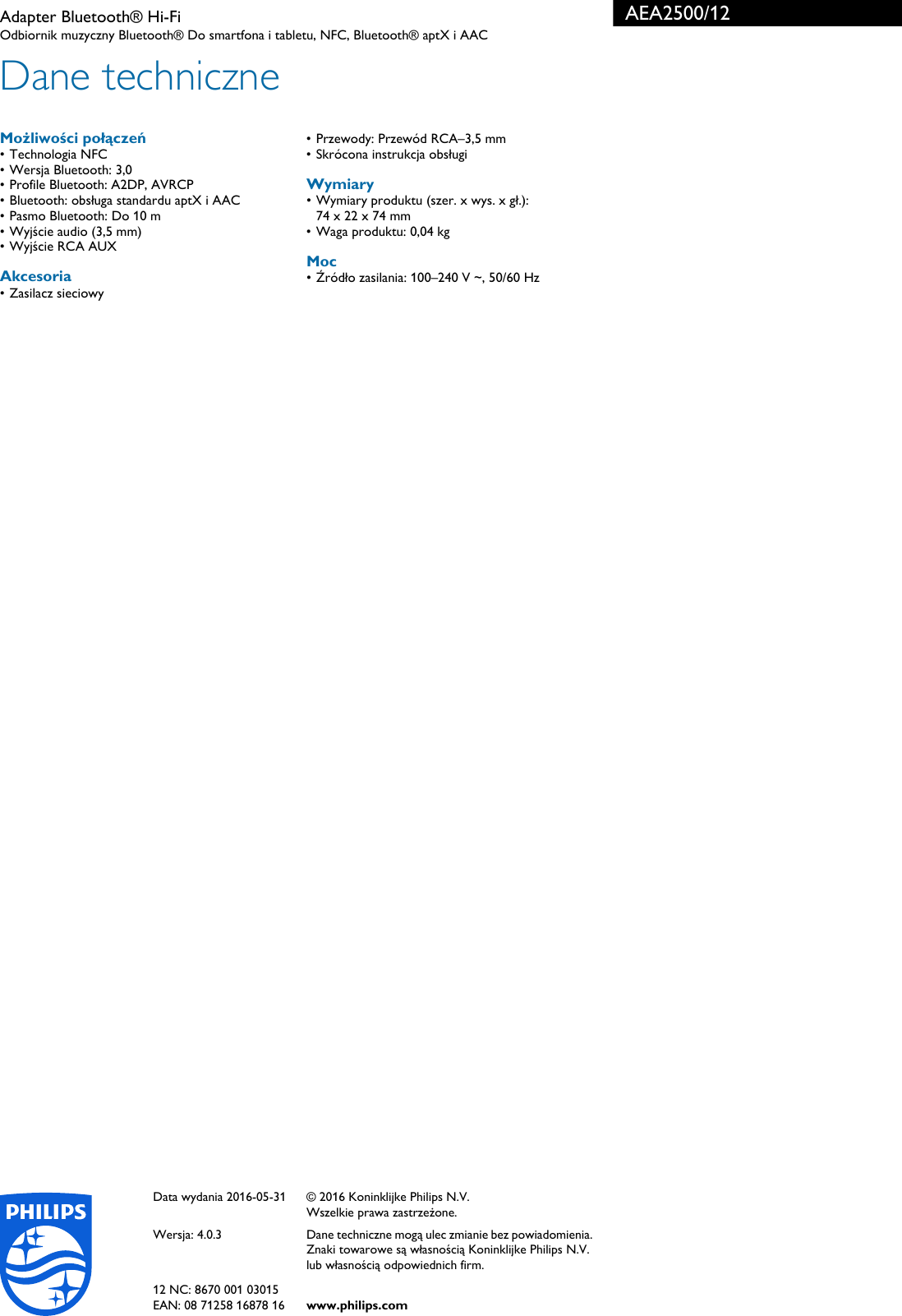 Page 3 of 3 - Philips AEA2500/12 Leaflet AEA2500_12 Released Poland (Polish)  User Manual Karta Produktowa Aea2500 12 Pss Polpl