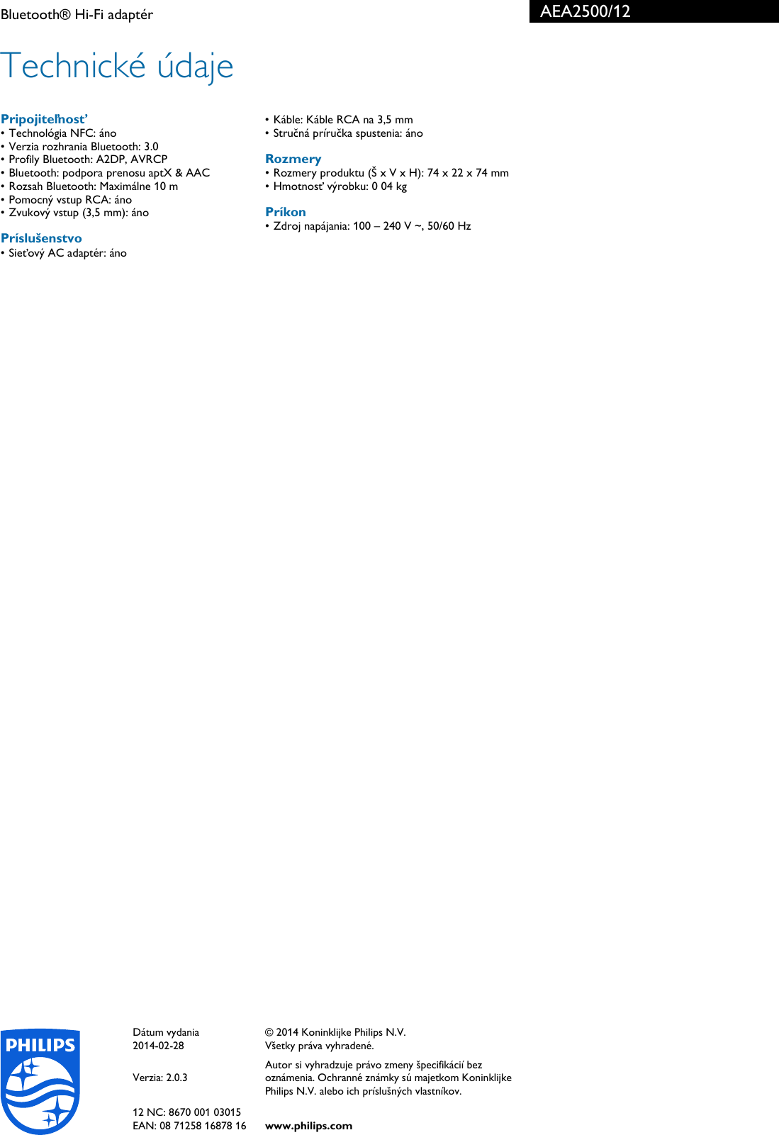 Page 3 of 3 - Philips AEA2500/12 Leaflet AEA2500_12 Released Slovakia (Slovak)  User Manual Prospekt Aea2500 12 Pss Slksk