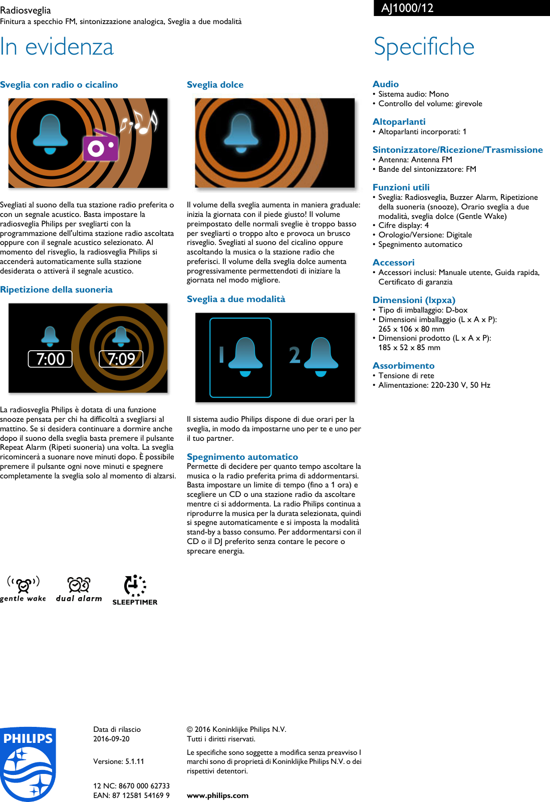 Page 2 of 2 - Philips AJ1000/12 Radiosveglia User Manual Scheda Tecnica Aj1000 12 Pss Itait