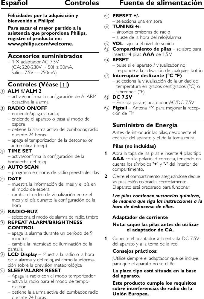 Page 4 of 10 - Philips AJ210/12 AJ210_12_UM_V2.0_ES User Manual Felhasználói Kézikönyv Aj210 12 Dfu Esp